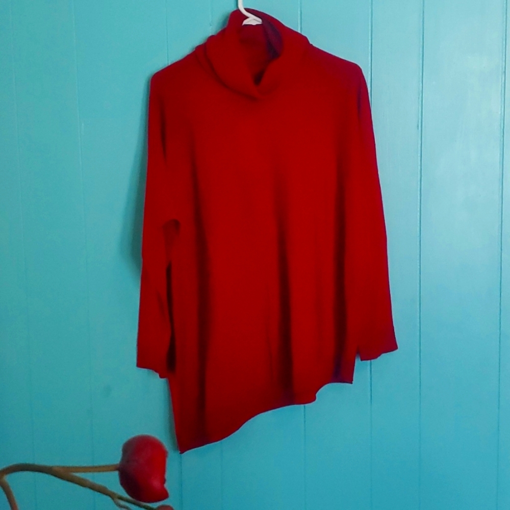 Eileen Fisher Merino Jersey Turtle Neck Assymetrical Sweater Top- Red (S)